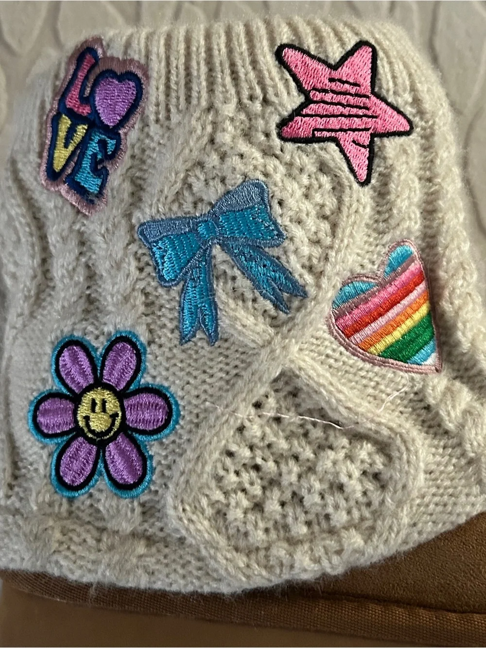 Steve Madden Cream Sweater Cuff Kids Boots w/Colorful Embroidered Patch Accents